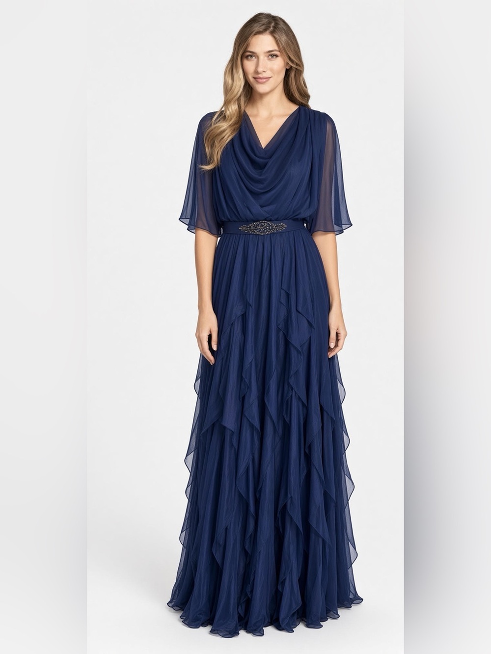 Komarov Ombre Tiered Skirt Blouson Chiffon Gown Dress in Blue Size L MOB